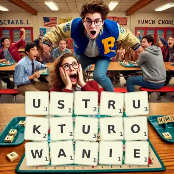 Kreatywna ilustracja do gry w Scrabble ze słowem USTRUKTUROWANIE ułożonym z płytek na planszy.