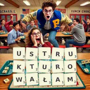 Kreatywna ilustracja do gry w Scrabble ze słowem USTRUKTUROWAŁAM ułożonym z płytek na planszy.