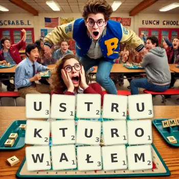 Kreatywna ilustracja do gry w Scrabble ze słowem USTRUKTUROWAŁEM ułożonym z płytek na planszy.