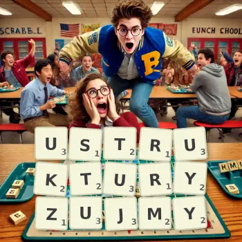 Kreatywna ilustracja do gry w Scrabble ze słowem USTRUKTURYZUJMY ułożonym z płytek na planszy.