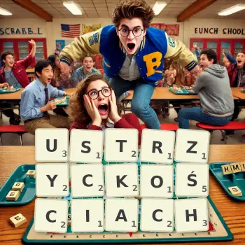 Kreatywna ilustracja do gry w Scrabble ze słowem USTRZYCKOŚCIACH ułożonym z płytek na planszy.