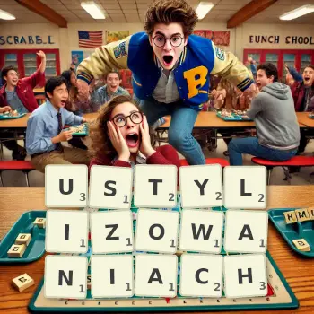 Kreatywna ilustracja do gry w Scrabble ze słowem USTYLIZOWANIACH ułożonym z płytek na planszy.