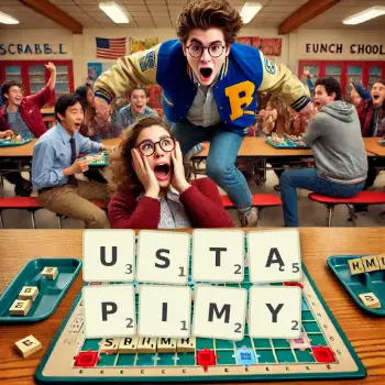 Kreatywna ilustracja do gry w Scrabble ze słowem USTĄPIMY ułożonym z płytek na planszy.