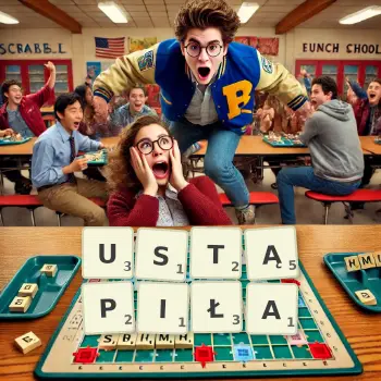 Kreatywna ilustracja do gry w Scrabble ze słowem USTĄPIŁA ułożonym z płytek na planszy.
