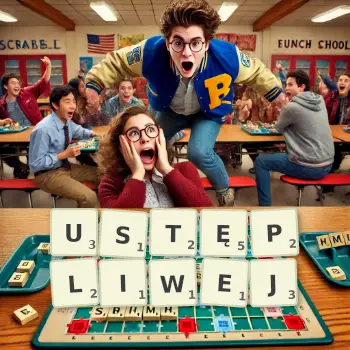 Kreatywna ilustracja do gry w Scrabble ze słowem USTĘPLIWEJ ułożonym z płytek na planszy.