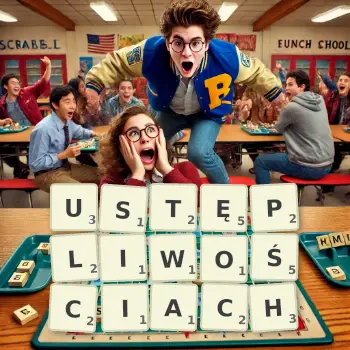 Kreatywna ilustracja do gry w Scrabble ze słowem USTĘPLIWOŚCIACH ułożonym z płytek na planszy.