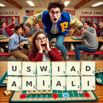 Kreatywna ilustracja do gry w Scrabble ze słowem USWIADAMIALI ułożonym z płytek na planszy.