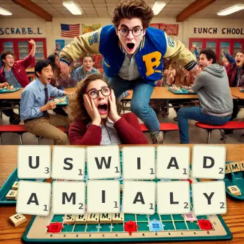 Kreatywna ilustracja do gry w Scrabble ze słowem USWIADAMIALY ułożonym z płytek na planszy.