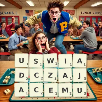 Kreatywna ilustracja do gry w Scrabble ze słowem USWIADCZAJACEMU ułożonym z płytek na planszy.