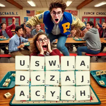 Kreatywna ilustracja do gry w Scrabble ze słowem USWIADCZAJACYCH ułożonym z płytek na planszy.