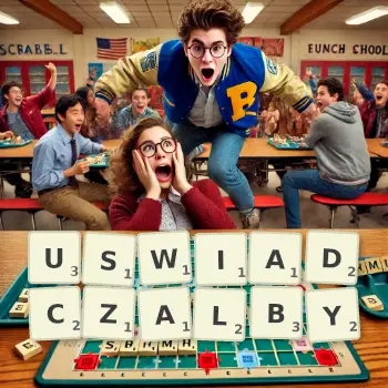 Kreatywna ilustracja do gry w Scrabble ze słowem USWIADCZALBY ułożonym z płytek na planszy.