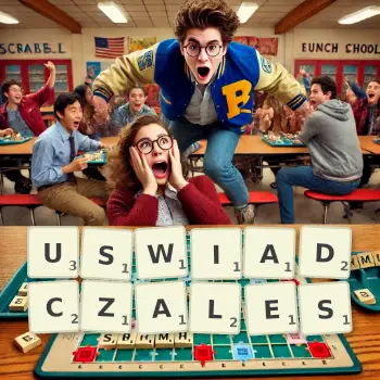 Kreatywna ilustracja do gry w Scrabble ze słowem USWIADCZALES ułożonym z płytek na planszy.