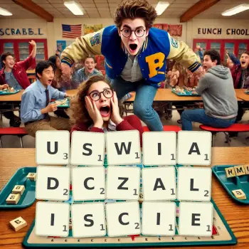 Kreatywna ilustracja do gry w Scrabble ze słowem USWIADCZALISCIE ułożonym z płytek na planszy.