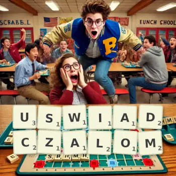 Kreatywna ilustracja do gry w Scrabble ze słowem USWIADCZALOM ułożonym z płytek na planszy.