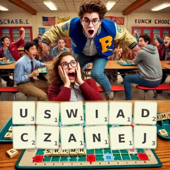 Kreatywna ilustracja do gry w Scrabble ze słowem USWIADCZANEJ ułożonym z płytek na planszy.