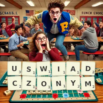 Kreatywna ilustracja do gry w Scrabble ze słowem USWIADCZONYM ułożonym z płytek na planszy.