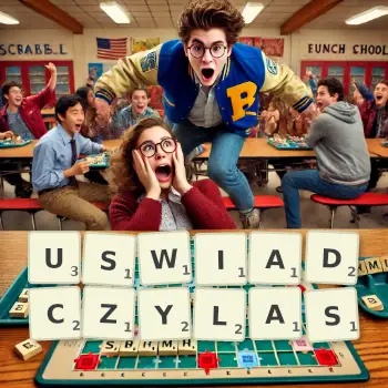 Kreatywna ilustracja do gry w Scrabble ze słowem USWIADCZYLAS ułożonym z płytek na planszy.