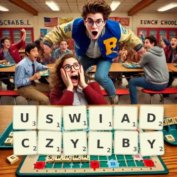 Kreatywna ilustracja do gry w Scrabble ze słowem USWIADCZYLBY ułożonym z płytek na planszy.