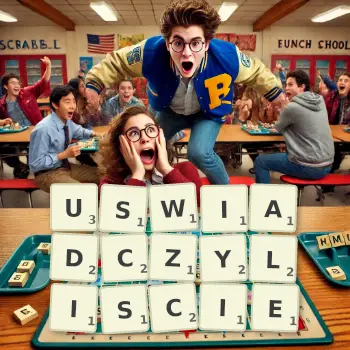 Kreatywna ilustracja do gry w Scrabble ze słowem USWIADCZYLISCIE ułożonym z płytek na planszy.