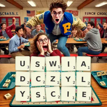 Kreatywna ilustracja do gry w Scrabble ze słowem USWIADCZYLYSCIE ułożonym z płytek na planszy.