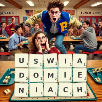 Kreatywna ilustracja do gry w Scrabble ze słowem USWIADOMIENIACH ułożonym z płytek na planszy.