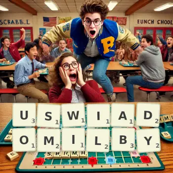 Kreatywna ilustracja do gry w Scrabble ze słowem USWIADOMILBY ułożonym z płytek na planszy.