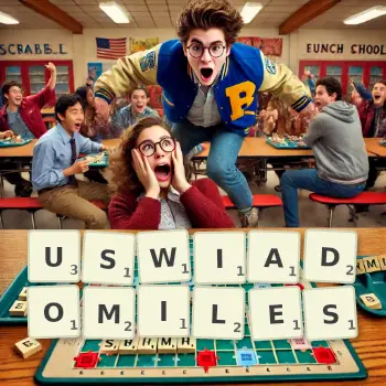 Kreatywna ilustracja do gry w Scrabble ze słowem USWIADOMILES ułożonym z płytek na planszy.