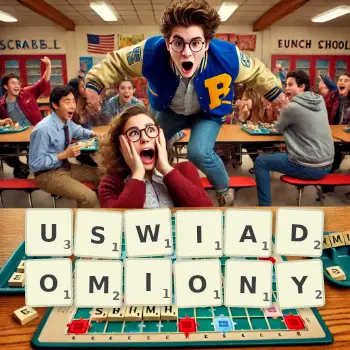 Kreatywna ilustracja do gry w Scrabble ze słowem USWIADOMIONY ułożonym z płytek na planszy.