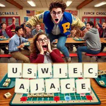 Kreatywna ilustracja do gry w Scrabble ze słowem USWIECAJACE ułożonym z płytek na planszy.