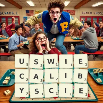 Kreatywna ilustracja do gry w Scrabble ze słowem USWIECALIBYSCIE ułożonym z płytek na planszy.