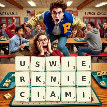 Kreatywna ilustracja do gry w Scrabble ze słowem USWIERKNIECIAMI ułożonym z płytek na planszy.