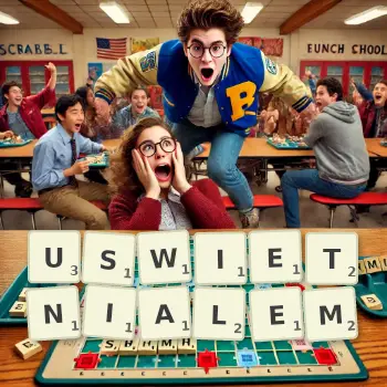 Kreatywna ilustracja do gry w Scrabble ze słowem USWIETNIALEM ułożonym z płytek na planszy.