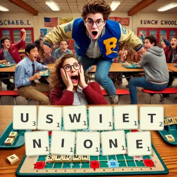 Kreatywna ilustracja do gry w Scrabble ze słowem USWIETNIONE ułożonym z płytek na planszy.