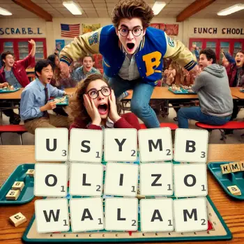 Kreatywna ilustracja do gry w Scrabble ze słowem USYMBOLIZOWALAM ułożonym z płytek na planszy.