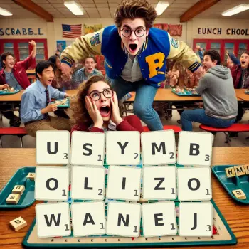 Kreatywna ilustracja do gry w Scrabble ze słowem USYMBOLIZOWANEJ ułożonym z płytek na planszy.