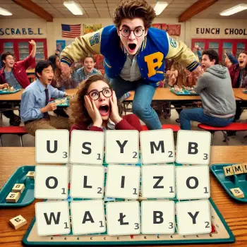 Kreatywna ilustracja do gry w Scrabble ze słowem USYMBOLIZOWAŁBY ułożonym z płytek na planszy.