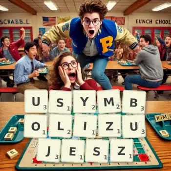 Kreatywna ilustracja do gry w Scrabble ze słowem USYMBOLIZUJESZ ułożonym z płytek na planszy.