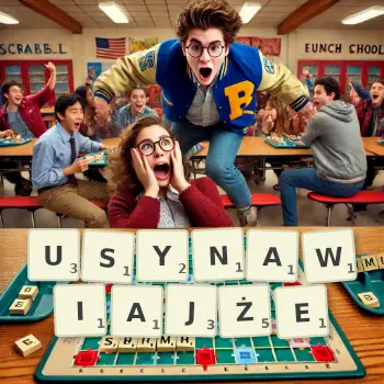 Kreatywna ilustracja do gry w Scrabble ze słowem USYNAWIAJŻE ułożonym z płytek na planszy.