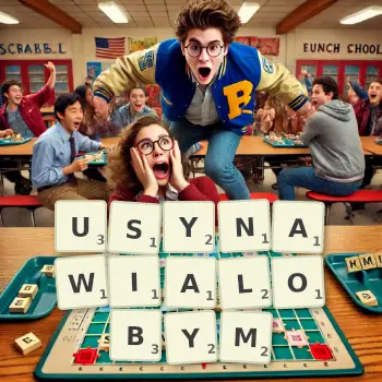 Kreatywna ilustracja do gry w Scrabble ze słowem USYNAWIALOBYM ułożonym z płytek na planszy.