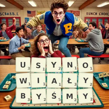 Kreatywna ilustracja do gry w Scrabble ze słowem USYNOWIAŁYBYŚMY ułożonym z płytek na planszy.