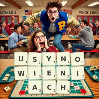 Kreatywna ilustracja do gry w Scrabble ze słowem USYNOWIENIACH ułożonym z płytek na planszy.