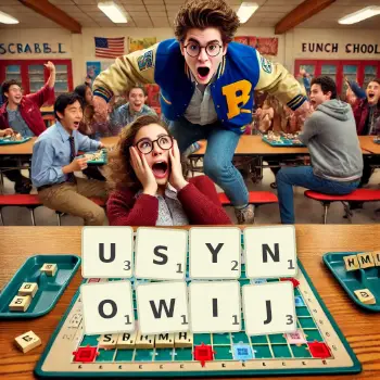 Kreatywna ilustracja do gry w Scrabble ze słowem USYNOWIJ ułożonym z płytek na planszy.