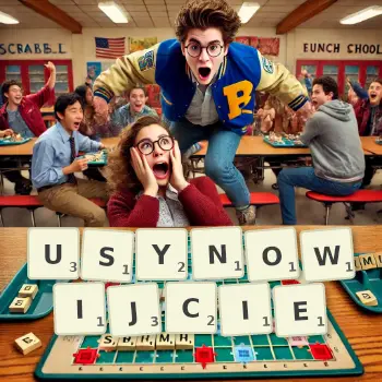 Kreatywna ilustracja do gry w Scrabble ze słowem USYNOWIJCIE ułożonym z płytek na planszy.