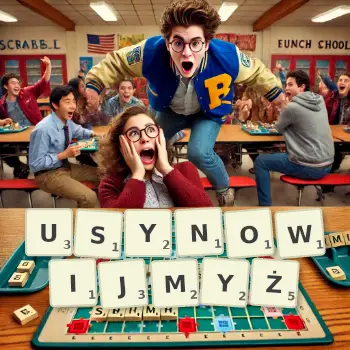 Kreatywna ilustracja do gry w Scrabble ze słowem USYNOWIJMYŻ ułożonym z płytek na planszy.