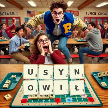 Kreatywna ilustracja do gry w Scrabble ze słowem USYNOWIŁ ułożonym z płytek na planszy.