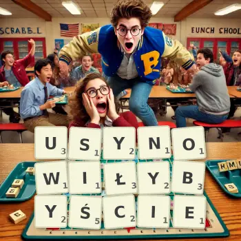 Kreatywna ilustracja do gry w Scrabble ze słowem USYNOWIŁYBYŚCIE ułożonym z płytek na planszy.