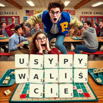 Kreatywna ilustracja do gry w Scrabble ze słowem USYPYWALIŚCIE ułożonym z płytek na planszy.