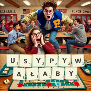 Kreatywna ilustracja do gry w Scrabble ze słowem USYPYWAŁABY ułożonym z płytek na planszy.