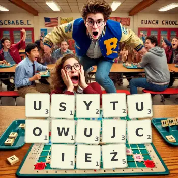 Kreatywna ilustracja do gry w Scrabble ze słowem USYTUOWUJCIEŻ ułożonym z płytek na planszy.