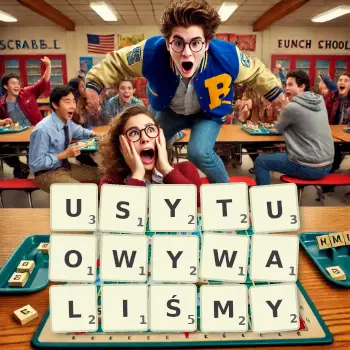 Kreatywna ilustracja do gry w Scrabble ze słowem USYTUOWYWALIŚMY ułożonym z płytek na planszy.